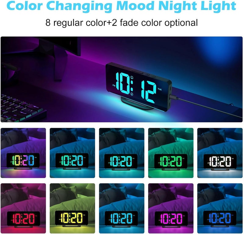 ALANAS RGB Digital Alarm Clock, Color Changing Mood Light with 10 Colors, Dual Alarm with Snooze, Dimmable Display, USB Charger, Adjustable Volume, Plug in, Bedroom Desk Clock for Teens, Adults - Image 4